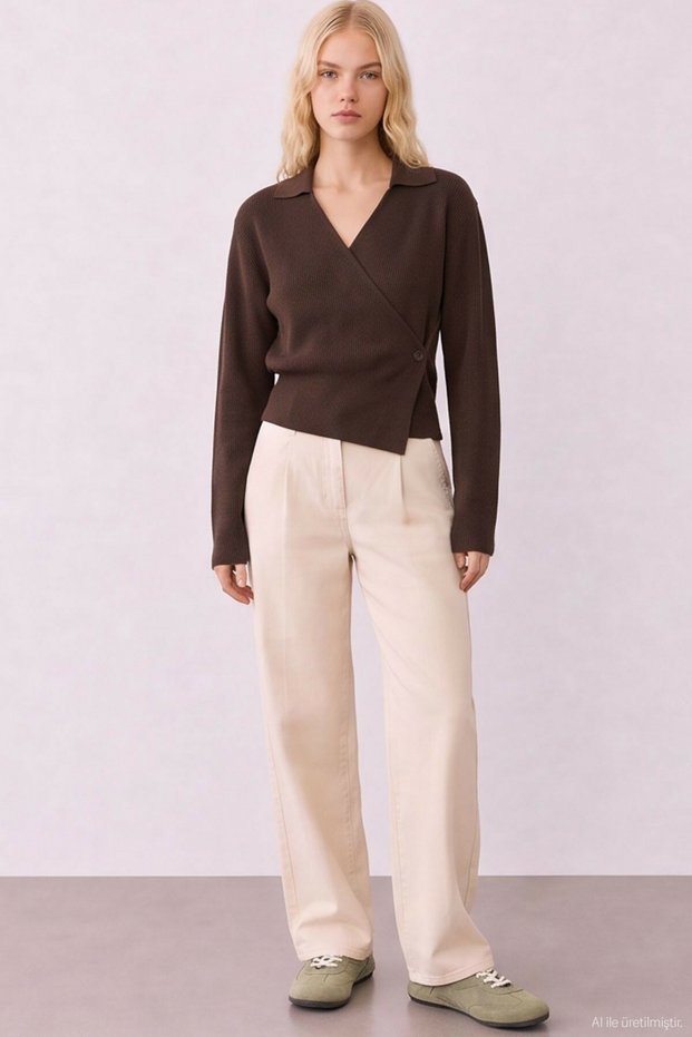 Women's Coffee-Colored Knit Sweater & Cardigan with a Wrap-Style Neckline and Button Details.