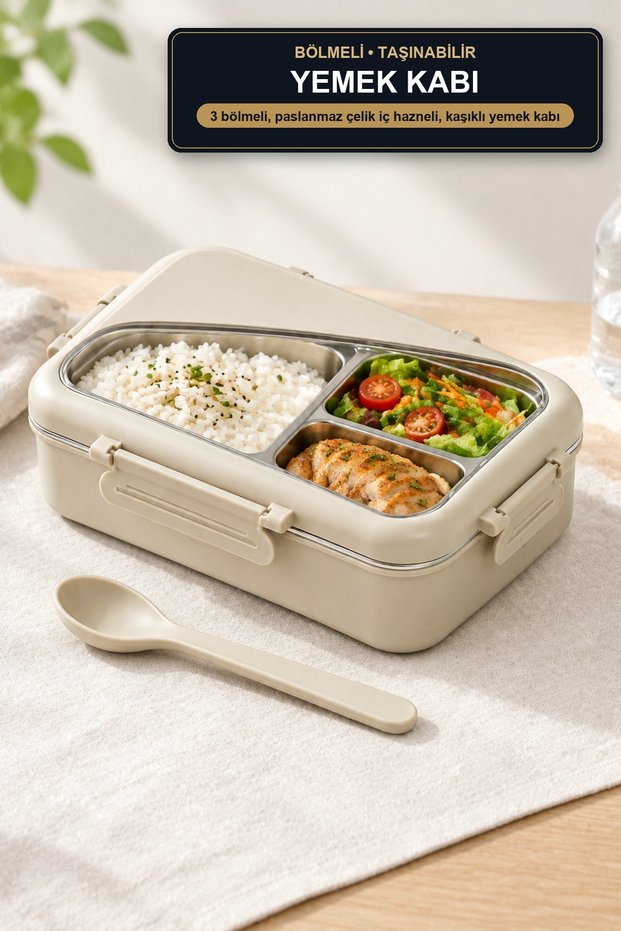 3-Compartment Stainless Steel Lunch Box with Spoon, Clip-On Lid, and Beige Color.