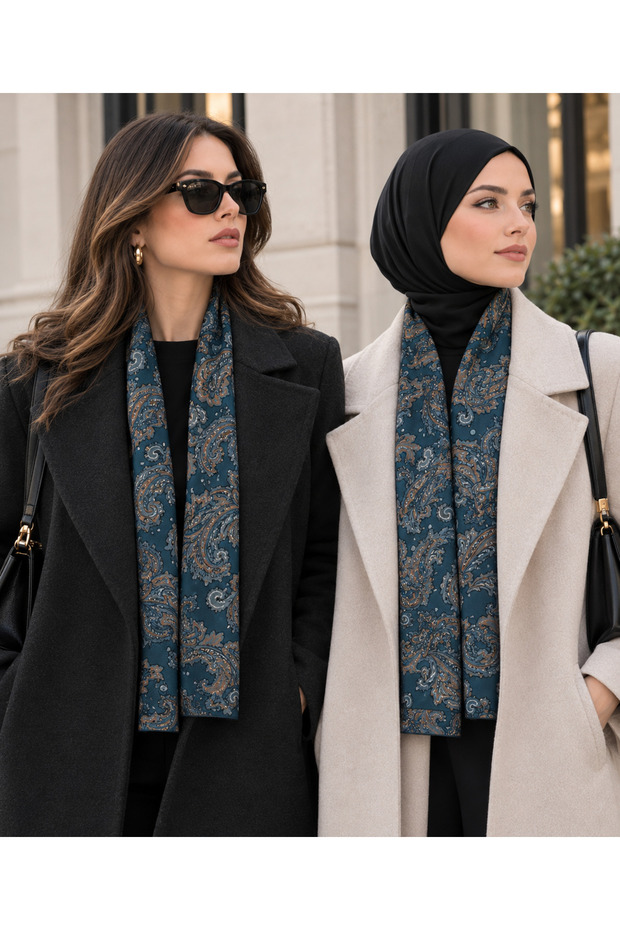 Turquoise Patterned Scarf with Pocket Handkerchief Gift (1 Scarf Is Sent)