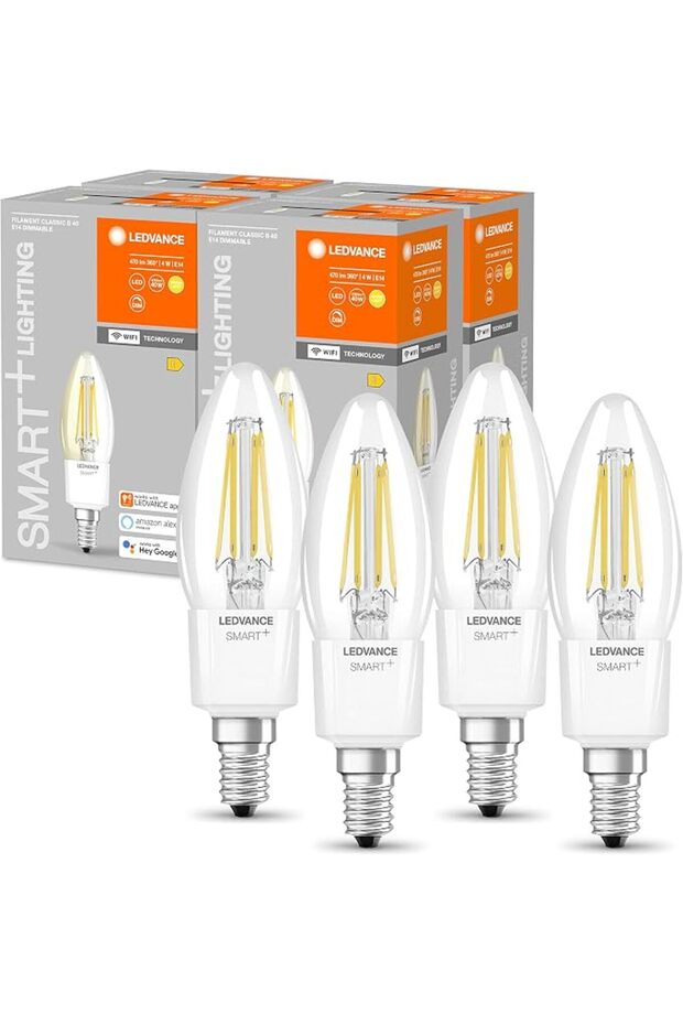مصباح LED ذكي بتقنية الواي فاي، قاعدة E14، قابل للتعتيم، إضاءة بيضاء دافئة (2700 كلفن)، شكل شمعة، شفاف.