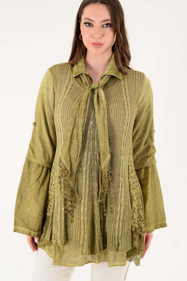 Women's Italian Lace Flannel 2-Piece Knit Set Sweater Blouse