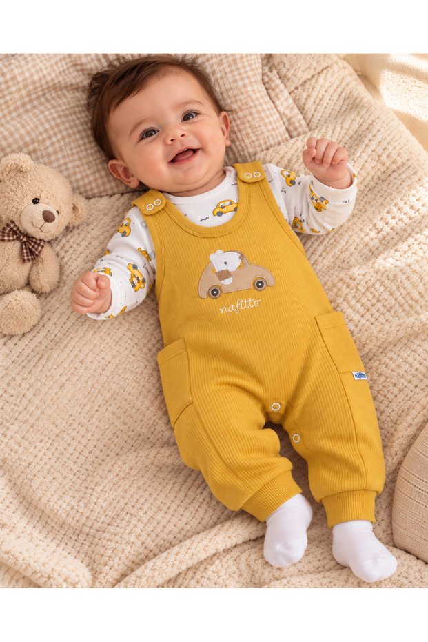 Baby Boy Mustard Yellow Car-Embroidered Romper with Pockets and Snap Fasteners, Patterned Onesie and Socks, 3-Piece Set.