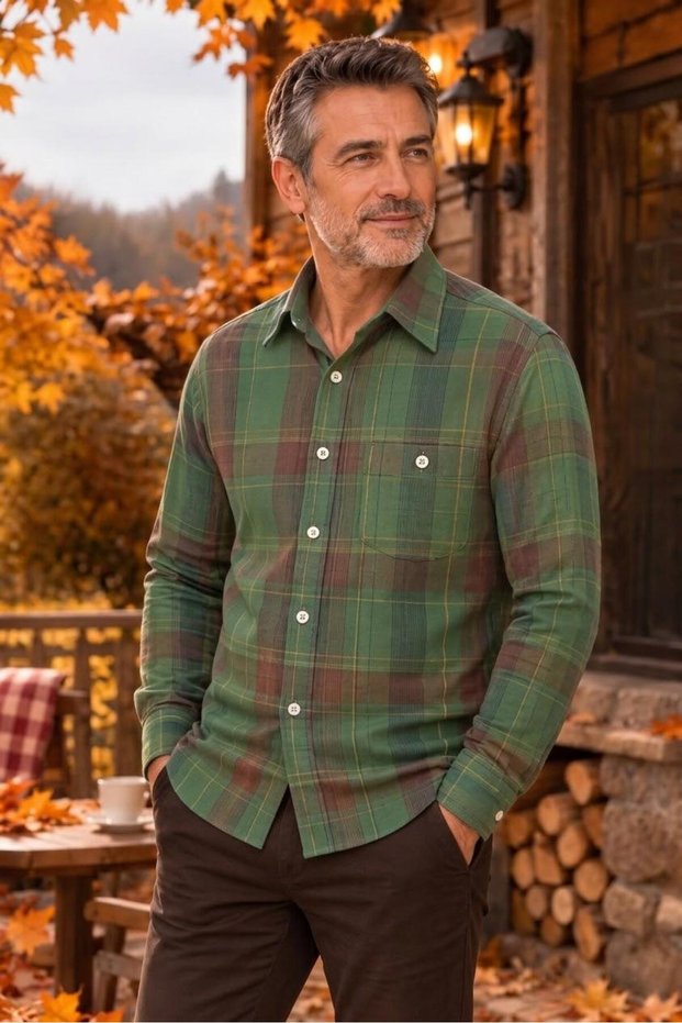 Men's Classic Wide Cut Long Sleeve Plaid Cotton Shirt with Pockets