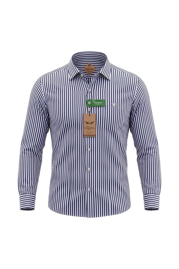 Men's Classic Wide-Fit Long-Sleeve Striped Cotton Shirt with Pockets.