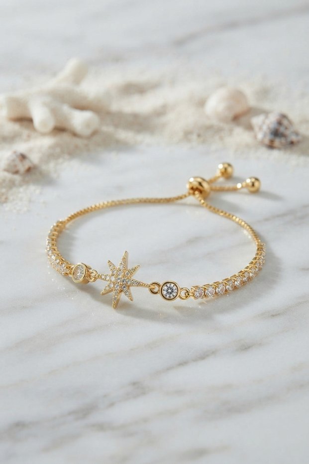 Polar Star Model Gold-Colored Bracelet with Zircon Stones and a Lift-Up Design -