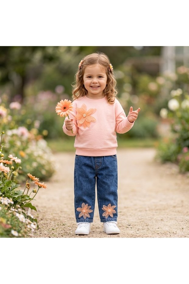 100% Cotton Sweatshirt with Tulle Details, Soft Denim 2-Piece Girls' Set, 2-5 Years, Salmon Color.