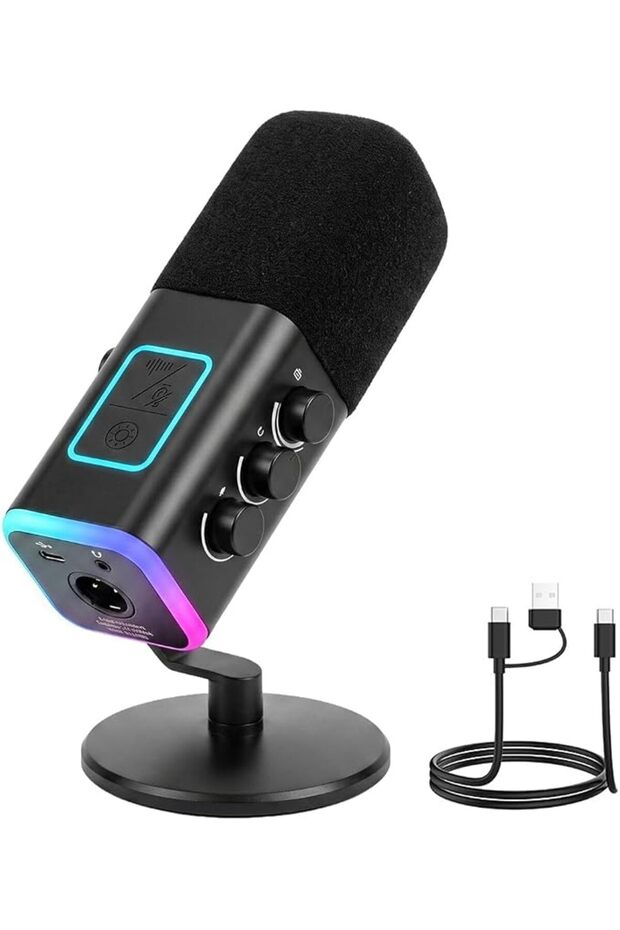 ميكروفون ديناميكي من النوع C/XLR مع إضاءة RGB وحامل مكتبي