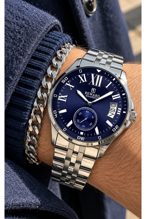 Calendar-Classic Model Men's Watch-Silver Color Navy Dial, in a Stylish Gift Box + Chain Bracelet