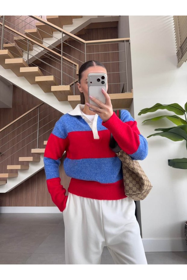 Polo Collar Wool Textured Striped Knitwear