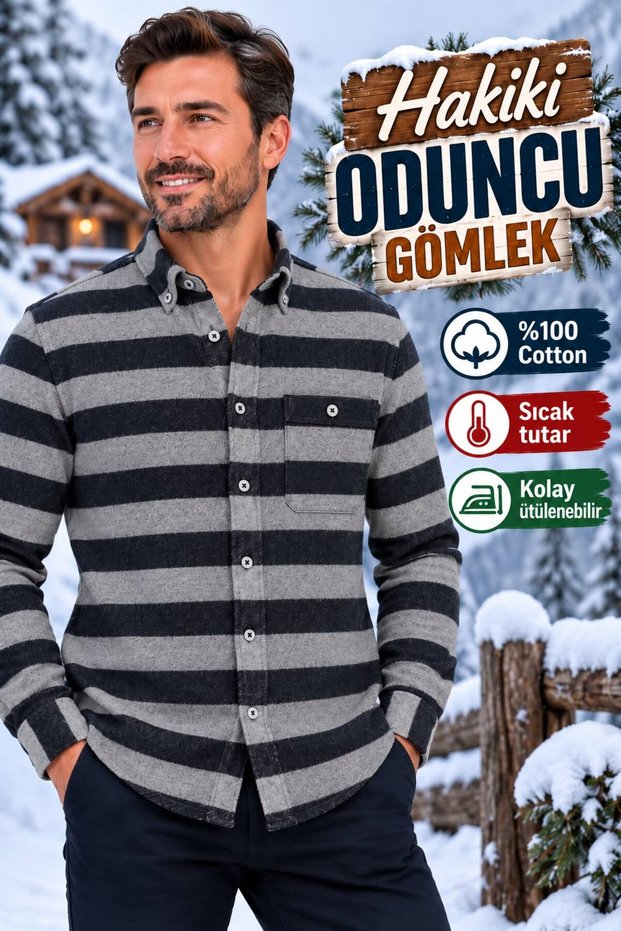 100% Cotton Striped Winter Long-Sleeve Button-Down Shirt, Authentic Lumberjack Style for Men.