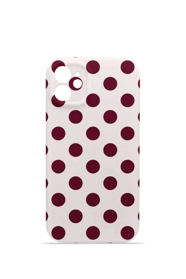 iPhone 12 Vorian Camera Protective Case, White with Burgundy Polka Dots.