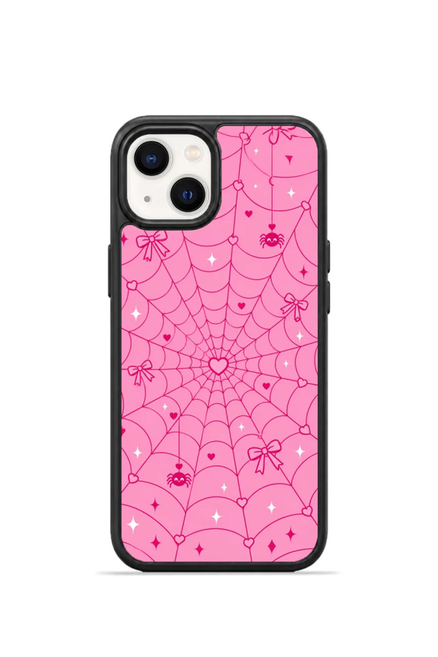 غطاء هاتف iPhone 15 Plus من Vorian، تصميم "الثقب الأسود"، باللون الوردي مع شريط زخرفي.