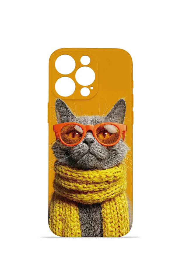 iPhone 14 Pro Vorian Camera Protective Case with Yellow Scarf Cat Design.