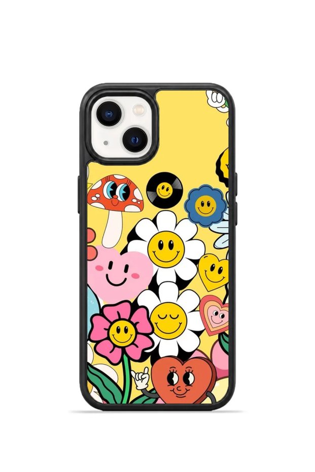 iPhone 14 Vorian Black Hole Case with Happy Daisies on a Yellow Background.