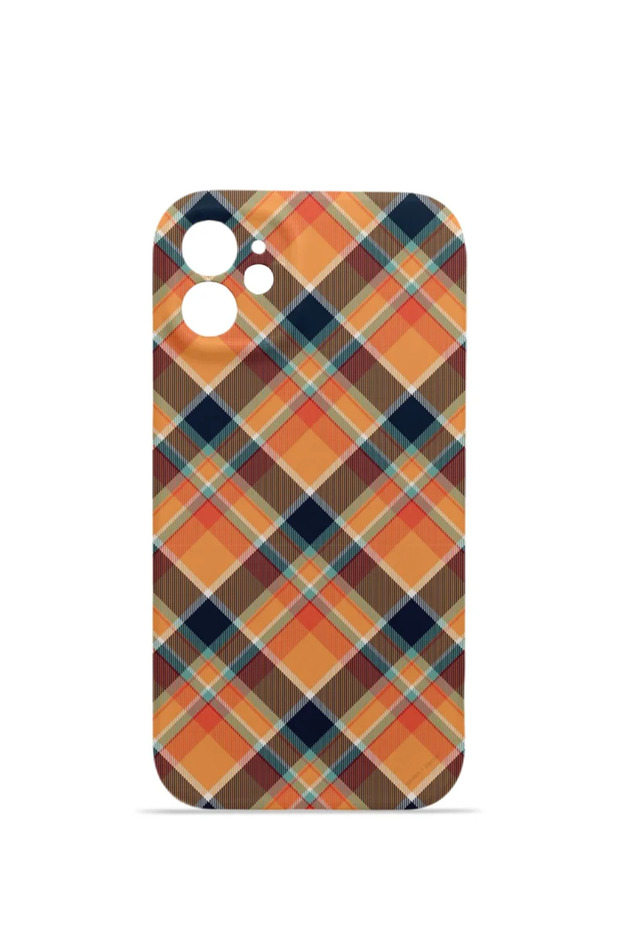 iPhone 11 Vorian Camera Protective Case, Orange and Navy Blue Plaid.