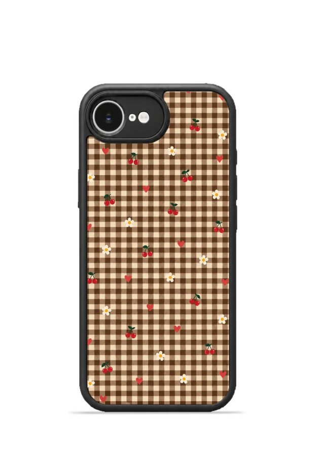 iPhone 16E Vorian Black Hole Case, Coffee Plaid with Small Flowers.