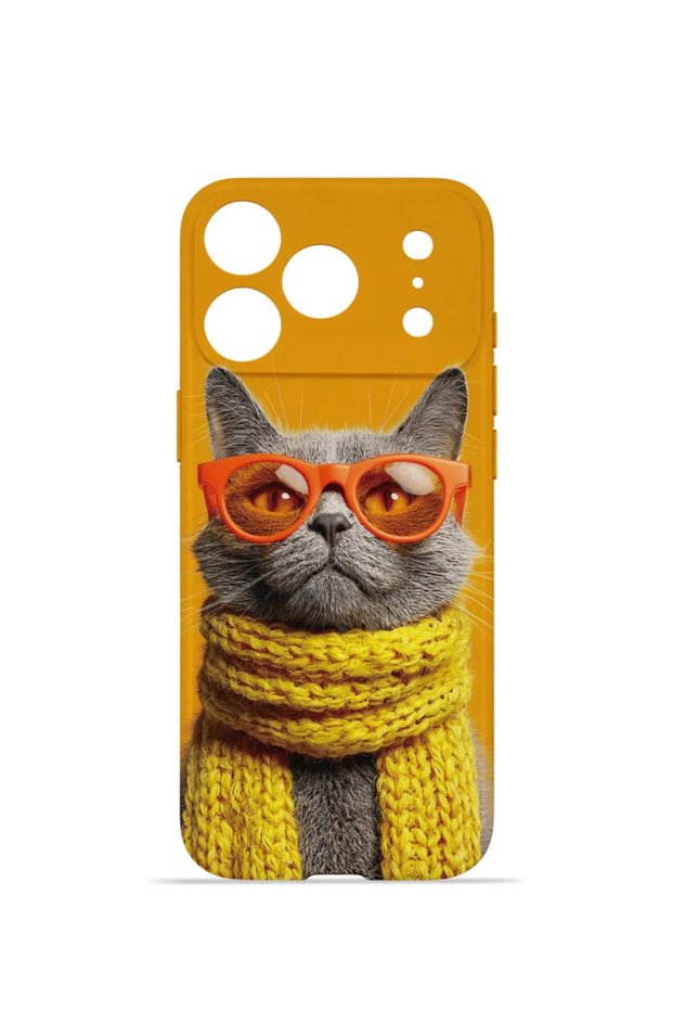 iPhone 17 Pro Max Vorian Camera Protective Case with Yellow Scarf Cat Design.