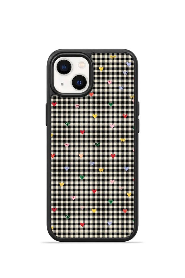 iPhone 15 Vorian Black Hole Case, Black Plaid with Small Floral Patterns.