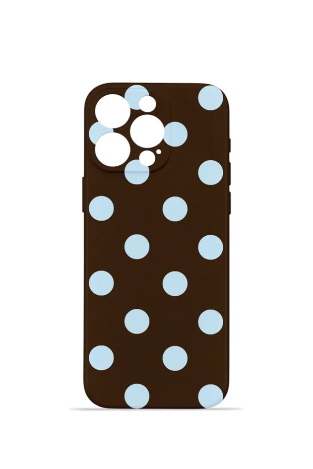 iPhone 15 Pro Max Vorian Camera Protective Case, Coffee Blue Polka Dot Design.