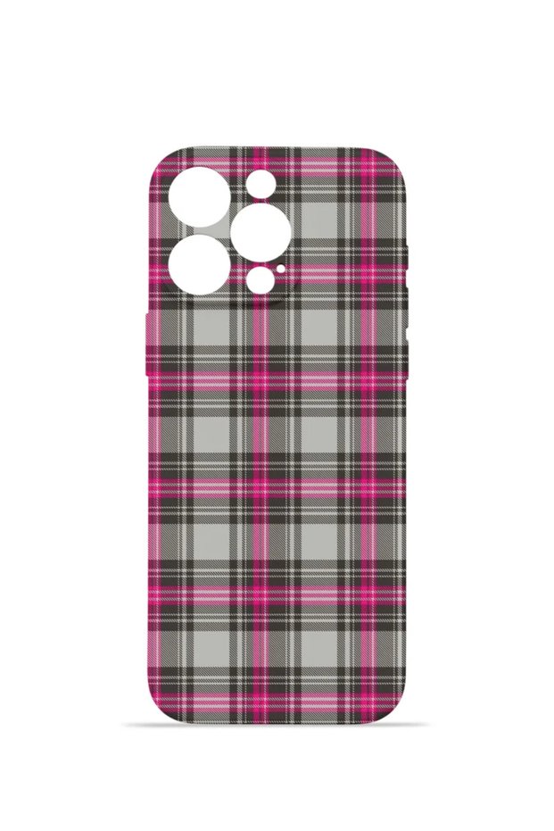 iPhone 14 Pro Vorian Camera Protective Case, Grey and Fuchsia Plaid.