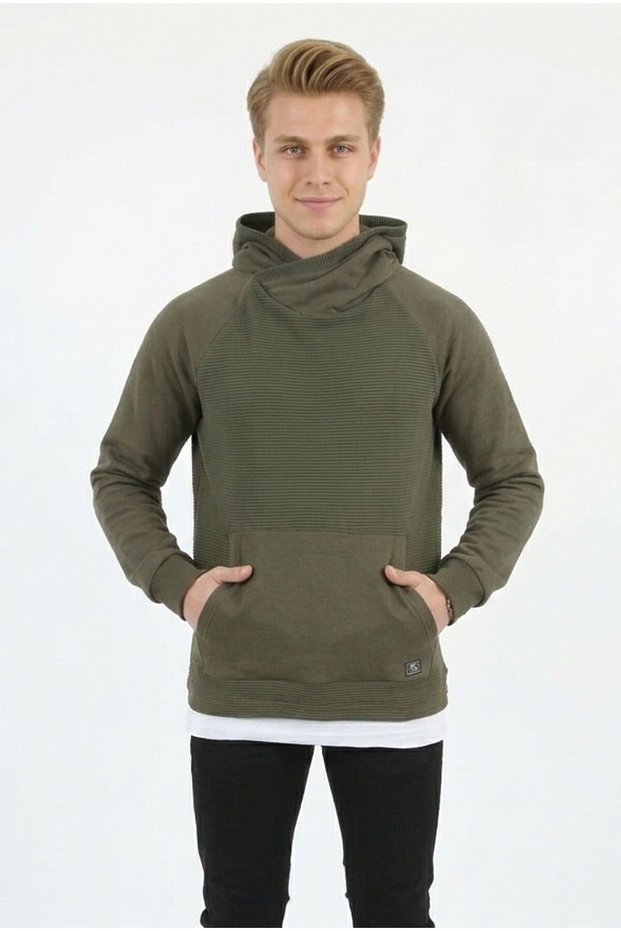 Men's Three-Thread Brushed Fabric Hooded Sweatshirt with Kangaroo Pockets and a Drawstring at the Bottom, Suitable for Everyday Wear.