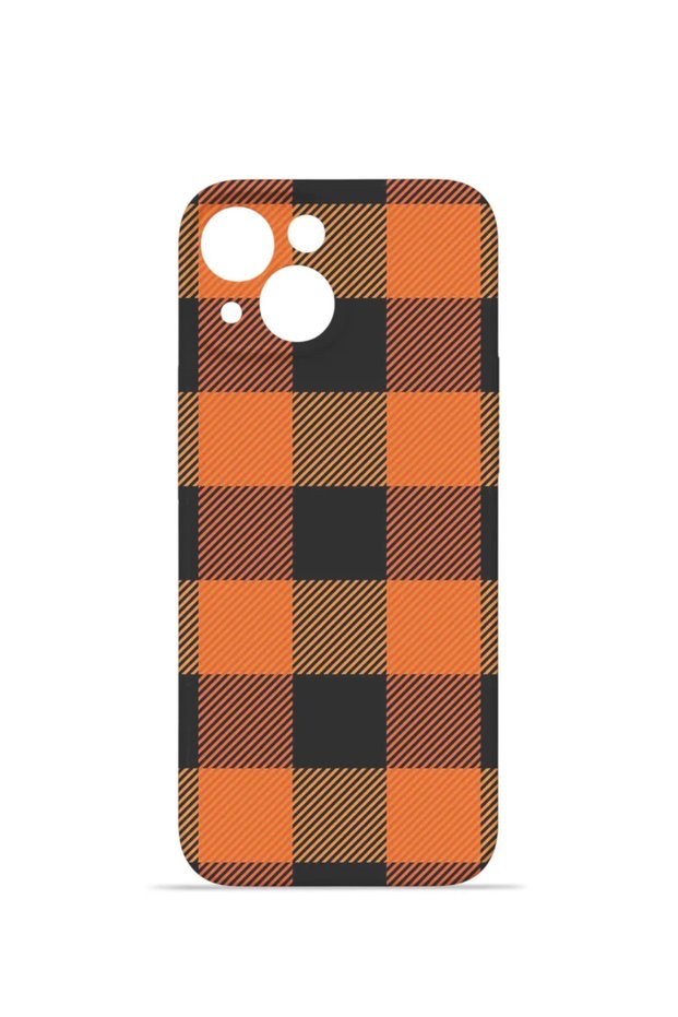 iPhone 14 Vorian Camera Protective Case, Orange, Large Plaid Pattern.