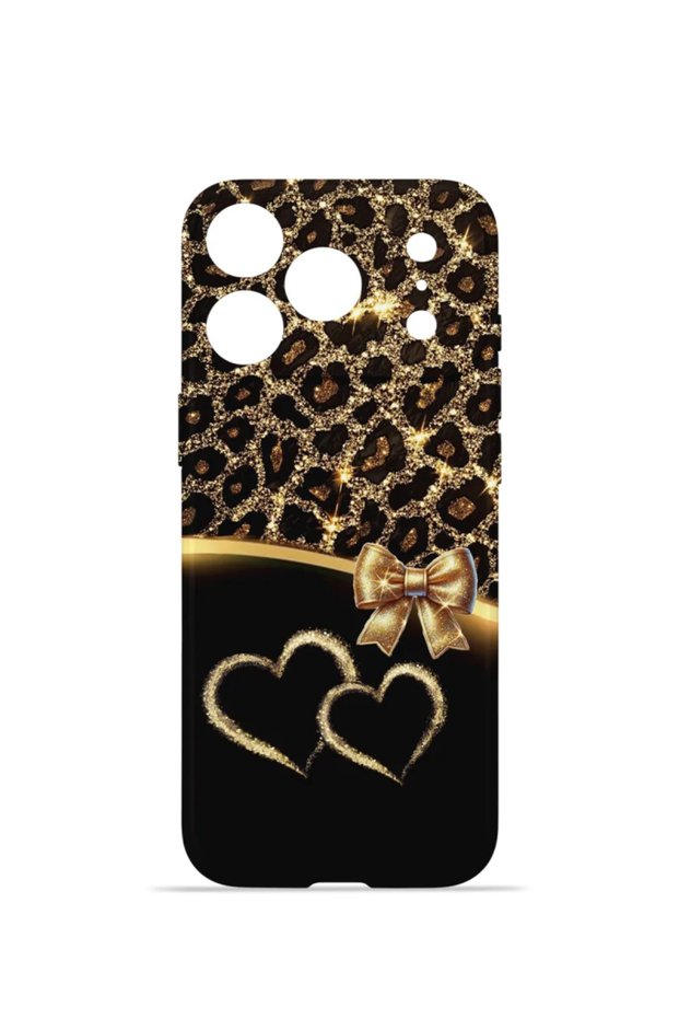 iPhone 18 Pro Vorian Camera Protective Case with Gold Heart and Leopard Print.