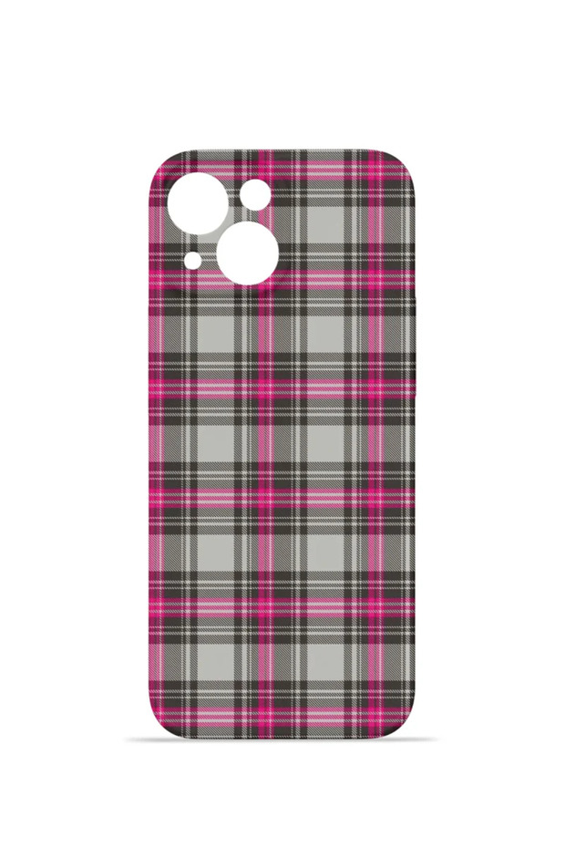 iPhone 15 Plus Vorian Camera Protective Case, Grey and Fuchsia Plaid.