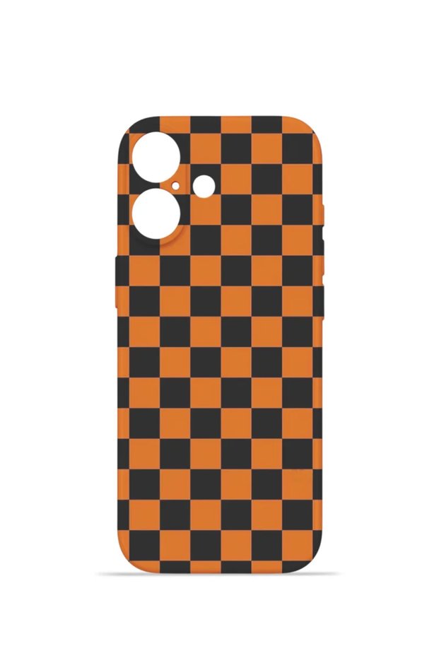 iPhone 16 Plus Vorian Camera Protective Case, Orange Checkered Pattern.