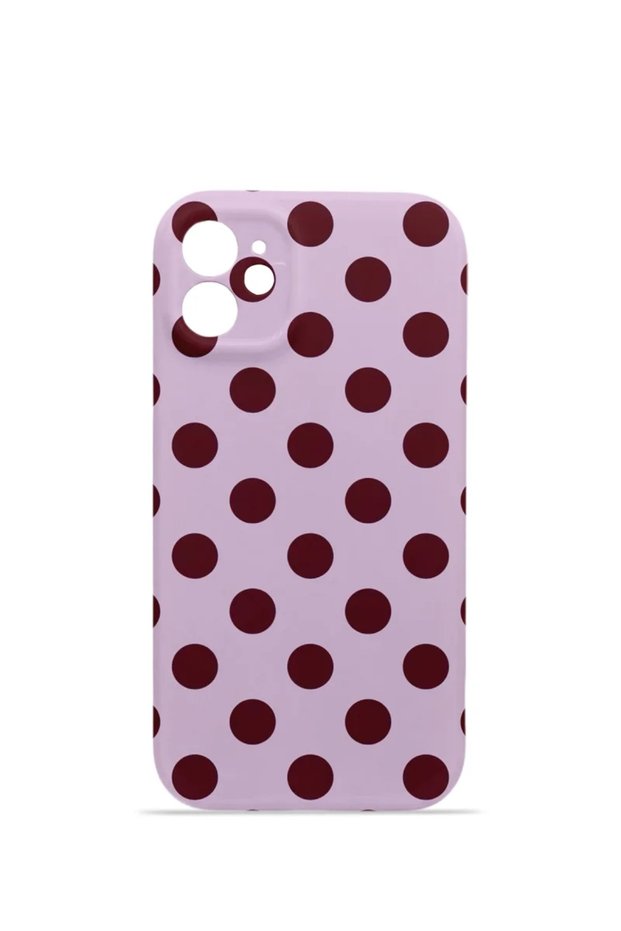 iPhone 12 Vorian Camera Protective Case, Lilac Burgundy Polka Dot Design.
