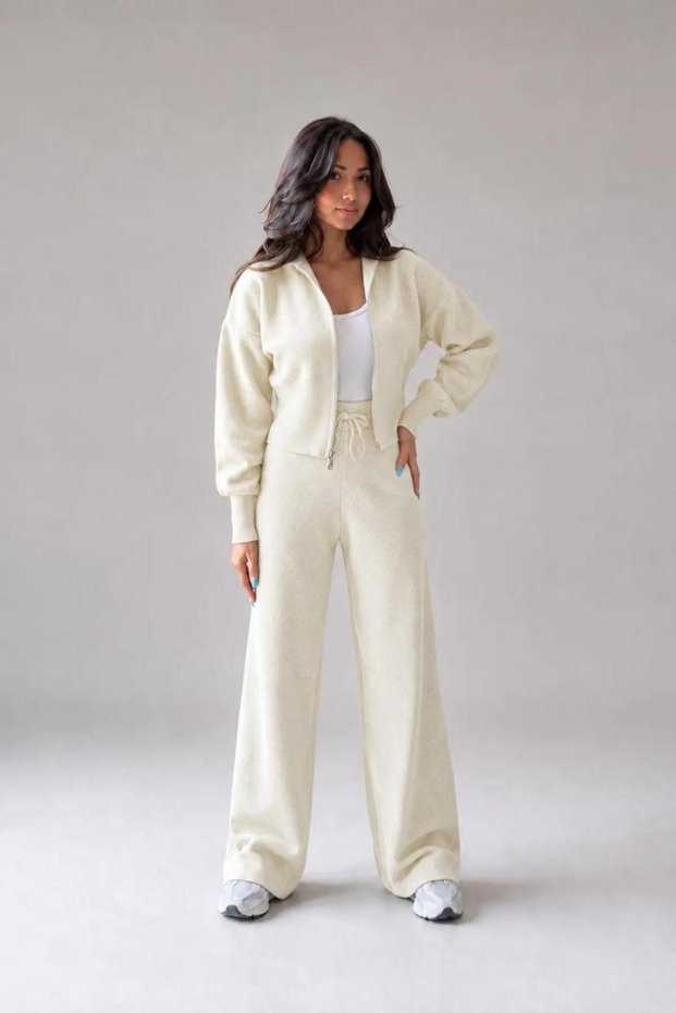 Women's Double Zipper Long Sleeve Top High Wide Leg Pants Bottom Top Knitwear Set