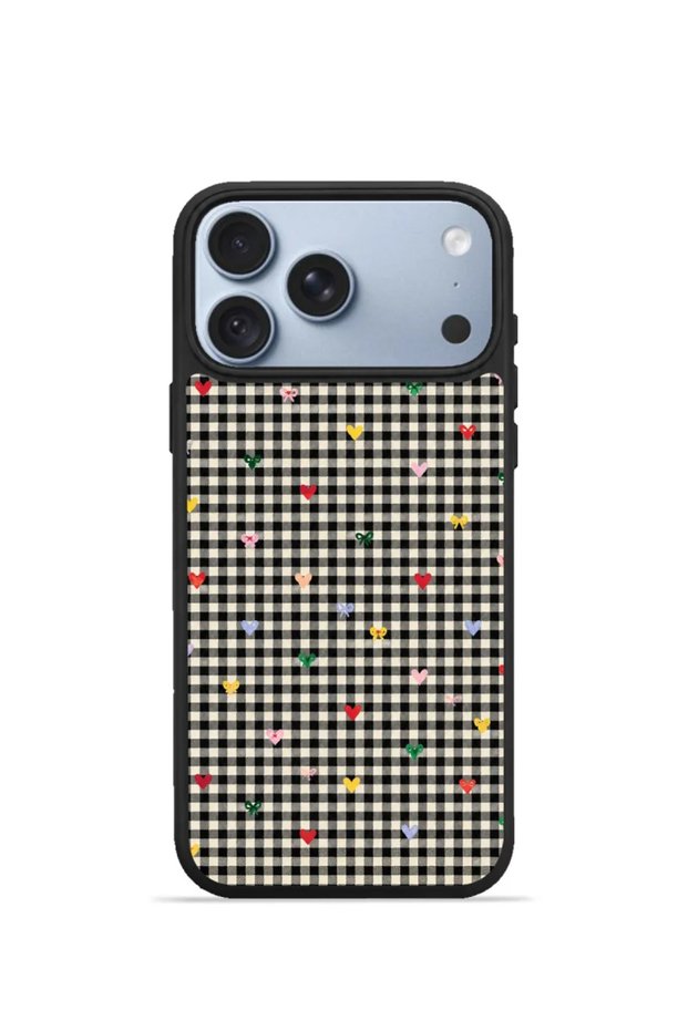 iPhone 18 Pro Max Vorian Black Hole Case, Black Plaid with Small Colored Flowers.