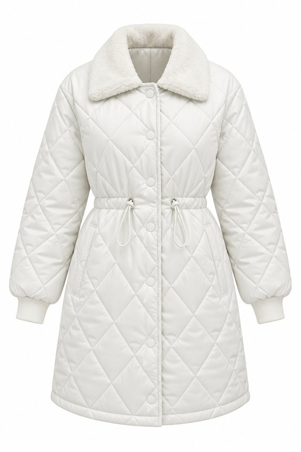 Women's Quilted Long Coat with Plush Collar, Baklava Pattern, and Drawstring Waist.