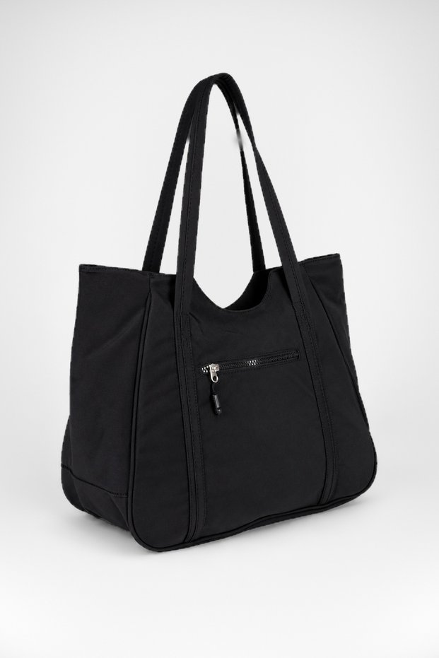 Women's Bamboo Black Large Size Shoulder Tote Bag with Back Zipper Pocket and Lined Zipper Closure.