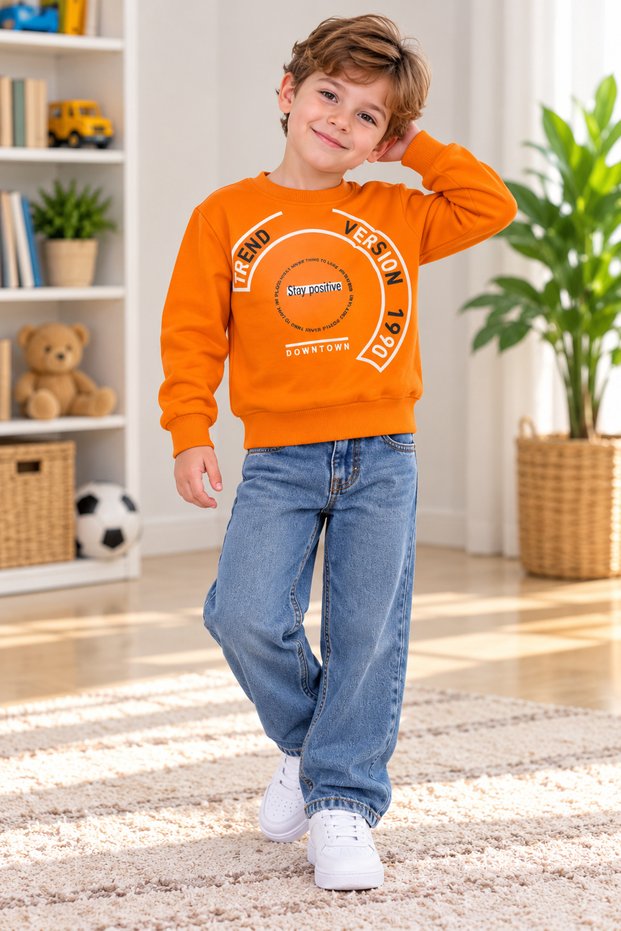 Boys' Orange Printed Sweatshirt—Casual Sportswear