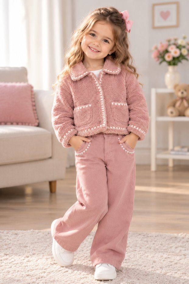 Girl's Plush Coat Pants Sweatshirt T-Shirt Set Powder Pink Winter Outfit