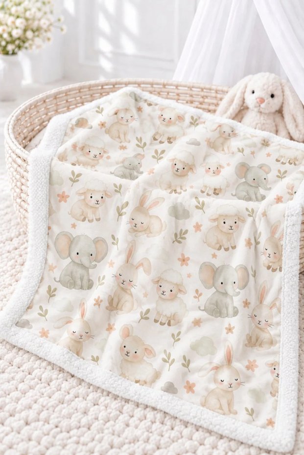 Cute Animal-Patterned Plush-Edged Baby Blanket – Soft Newborn Baby Swaddle.