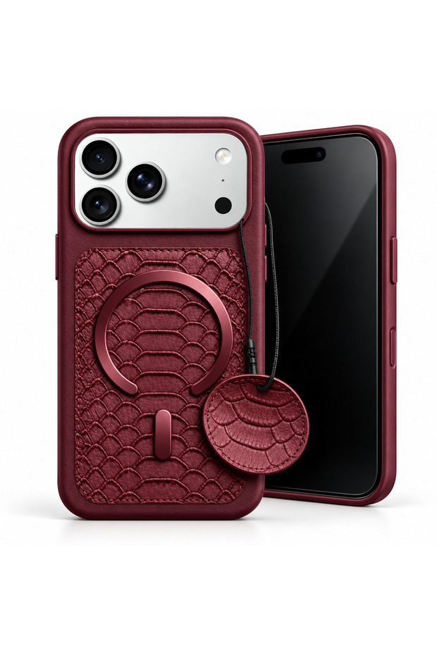 Crovia Crocodile-Pattern Case Compatible with iPhone 18 Pro, Burgundy, Magsafe Compatible, with Camera Protection, Embossed Design, and Lanyard Accessory.