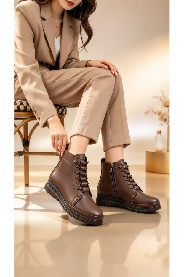 Women's Leather Boots, Full Orthopedic, Waterproof Boots, Non-Slip Sole, Winter Boots with Zipper Detail.