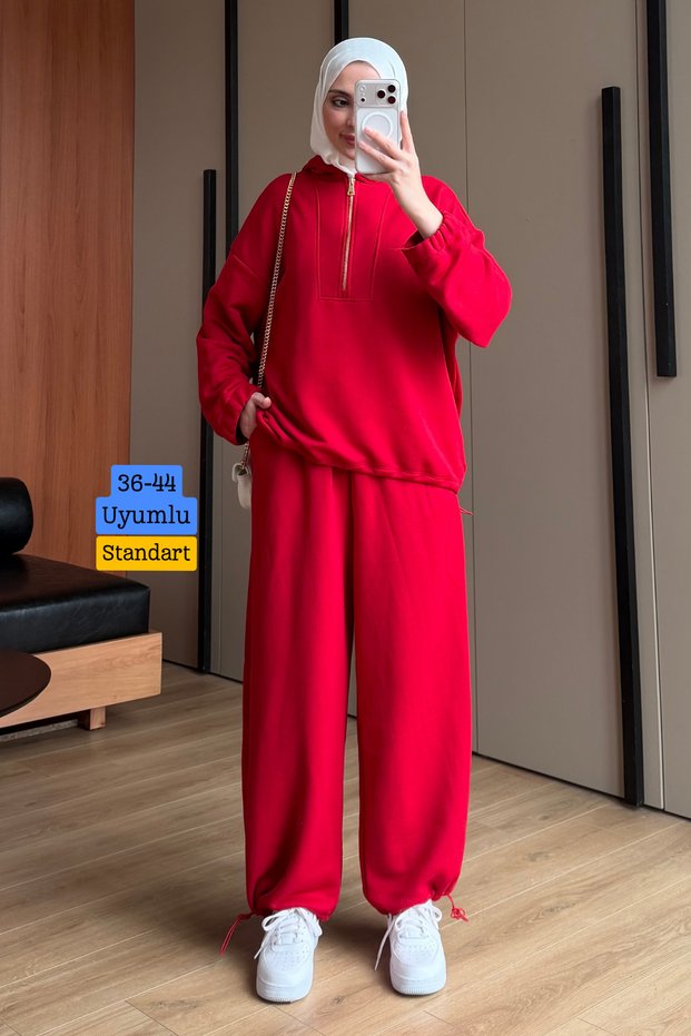 Women's 3-thread, unlined, half-zip, hooded set with stopper, 3271, red.