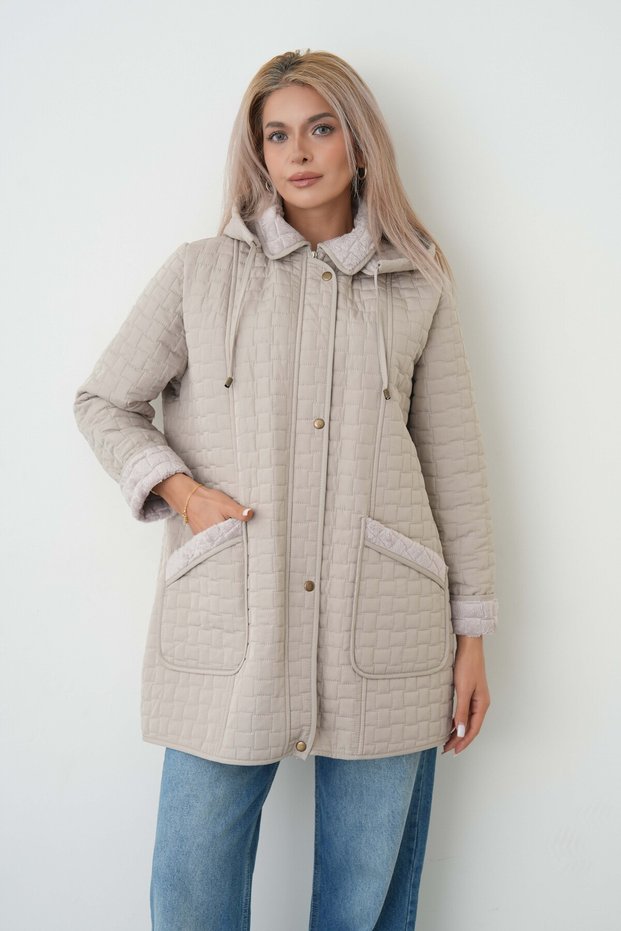 Mg Authentic Women's Hooded Quilted Patterned Jacket with Snap Buttons and Zipper Pockets.