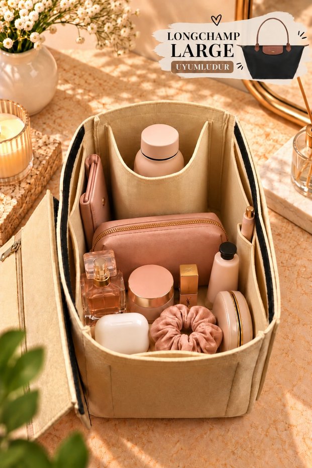Long... Large Zippered Bag with Organizer, Beige Color, Dimensions: 29 X 18 X 17 (Length X Height X Width)