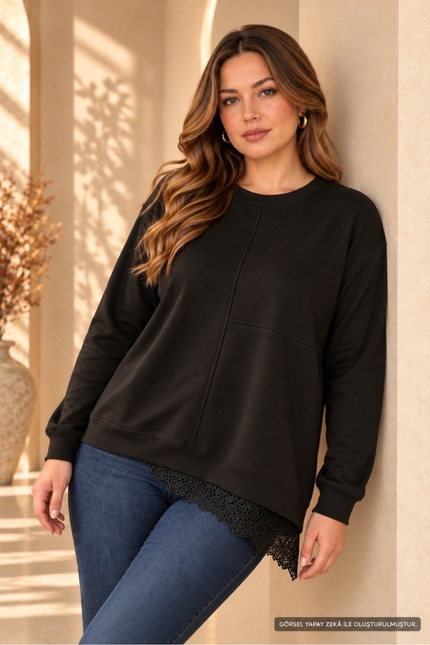 Women's Plus Size Bottoming Shirt with Guipure Detail, Long Sleeve, Crew Neck, Stretchy Sweatshirt.