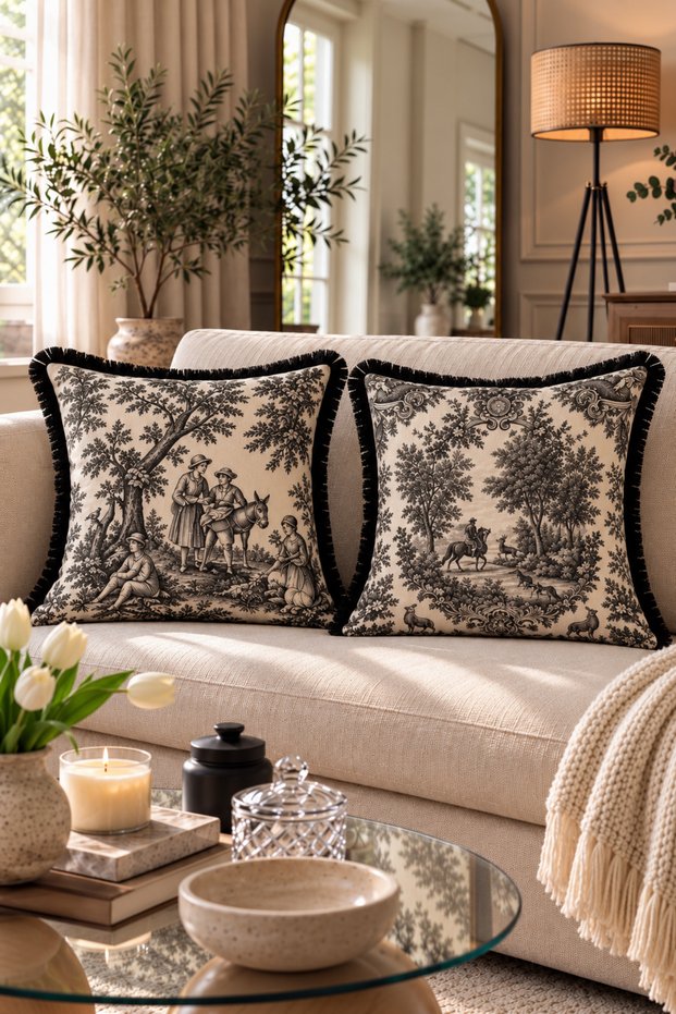 2-Piece French Garden Design Double-Sided Tassel Pillow Cover Set, Premium Textured Black Tassel Decorative Pillow Cover, Aura Series, French Country Style.