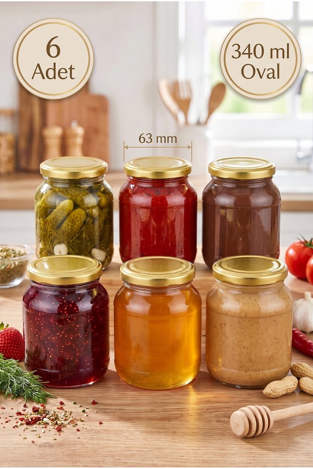 6-Piece Multi-Purpose 340 Cc Oval Metal-Lidded Jar Set for Preserves, Jams, Chocolate, Honey, Sauces, and Spices, Baby Food Glass Jar Set, 340 Ml.