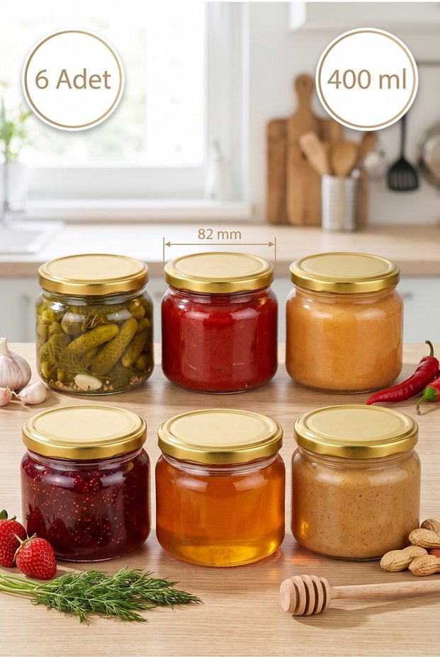 6-Piece Multi-Purpose 400 Cc Flat-Bottom Metal-Lidded Glass Jar Set for Canning, Jams, Chocolate, Honey, Sauces, and Spices, 400 Ml.