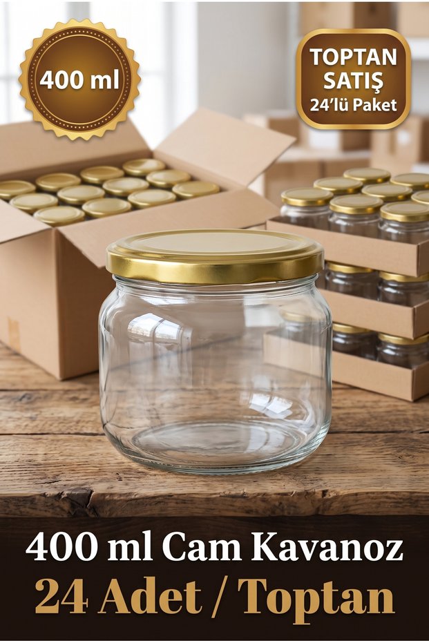 24-Piece Wholesale Multi-Purpose 400 Cc Flat-Bottom Metal-Lidded Glass Jar Set for Canning, Jam, Chocolate, Honey, Sauce, and Spices, 400 Ml.