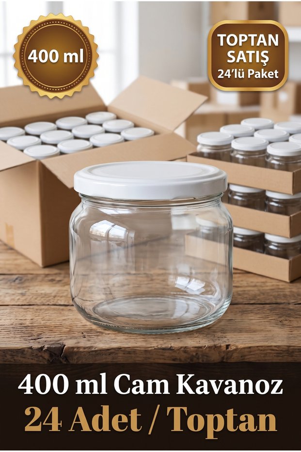 24-Piece Wholesale Multi-Purpose 400 Cc Flat-Bottom Metal-Lidded Glass Jar Set for Canning, Jam, Chocolate, Honey, Sauce, and Spices, 400 Ml.