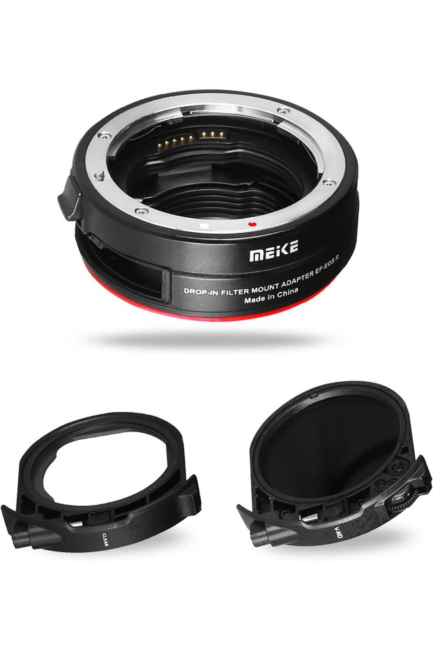 محول فلتر Meike MK-EFTR-C، مصمم لتركيبه مباشرة على عدسة كانون EF لاستخدامه مع كاميرات EOSR، مع فلتر ND متغير وفلتر UV.