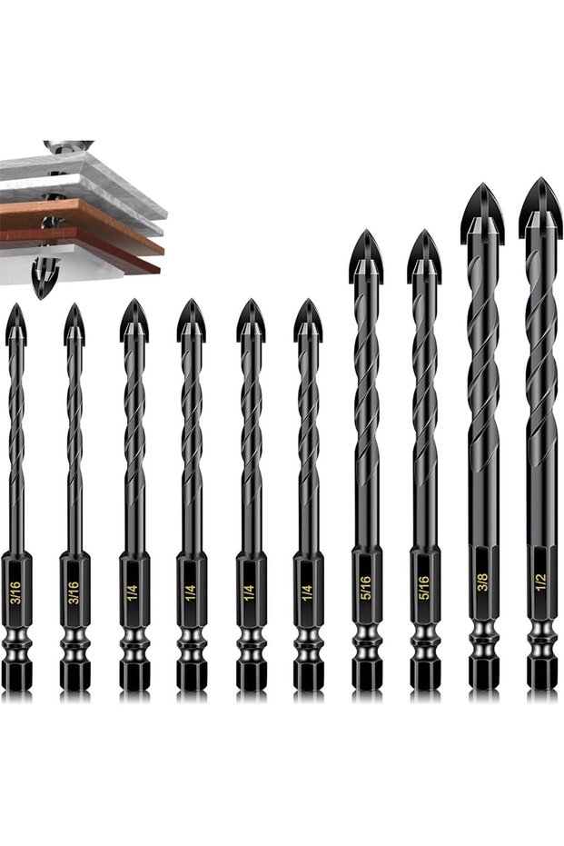 10 Pack Cement Drill Bit Set, Masonry Drill Bits Set, Tungsten Carbide Tip, Professional Concrete Dr